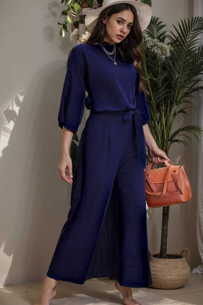 solid five point sleeve belted wide leg jumpsuit 107933