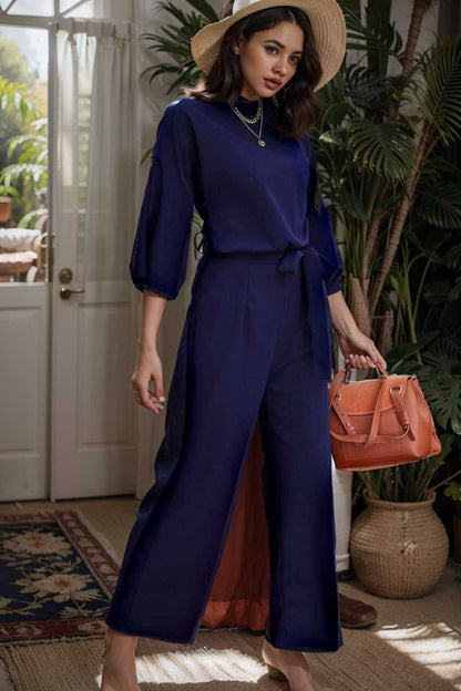 solid five point sleeve belted wide leg jumpsuit 107931
