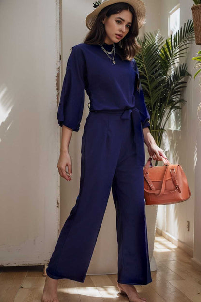 solid five point sleeve belted wide leg jumpsuit 107930