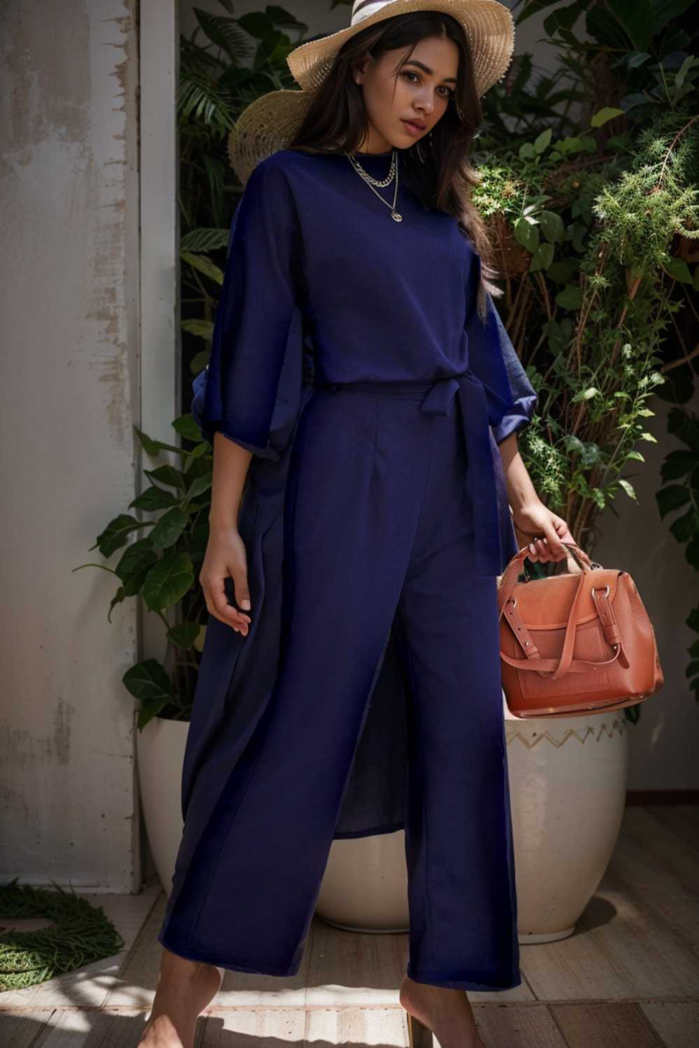 solid five point sleeve belted wide leg jumpsuit 107928