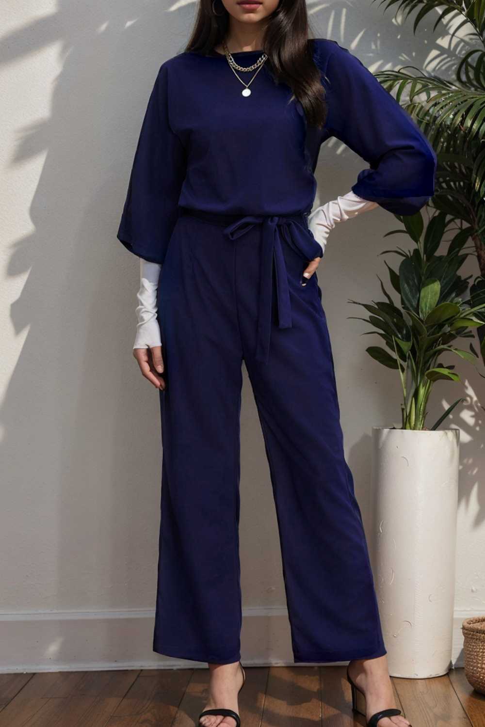 solid five point sleeve belted wide leg jumpsuit 107927
