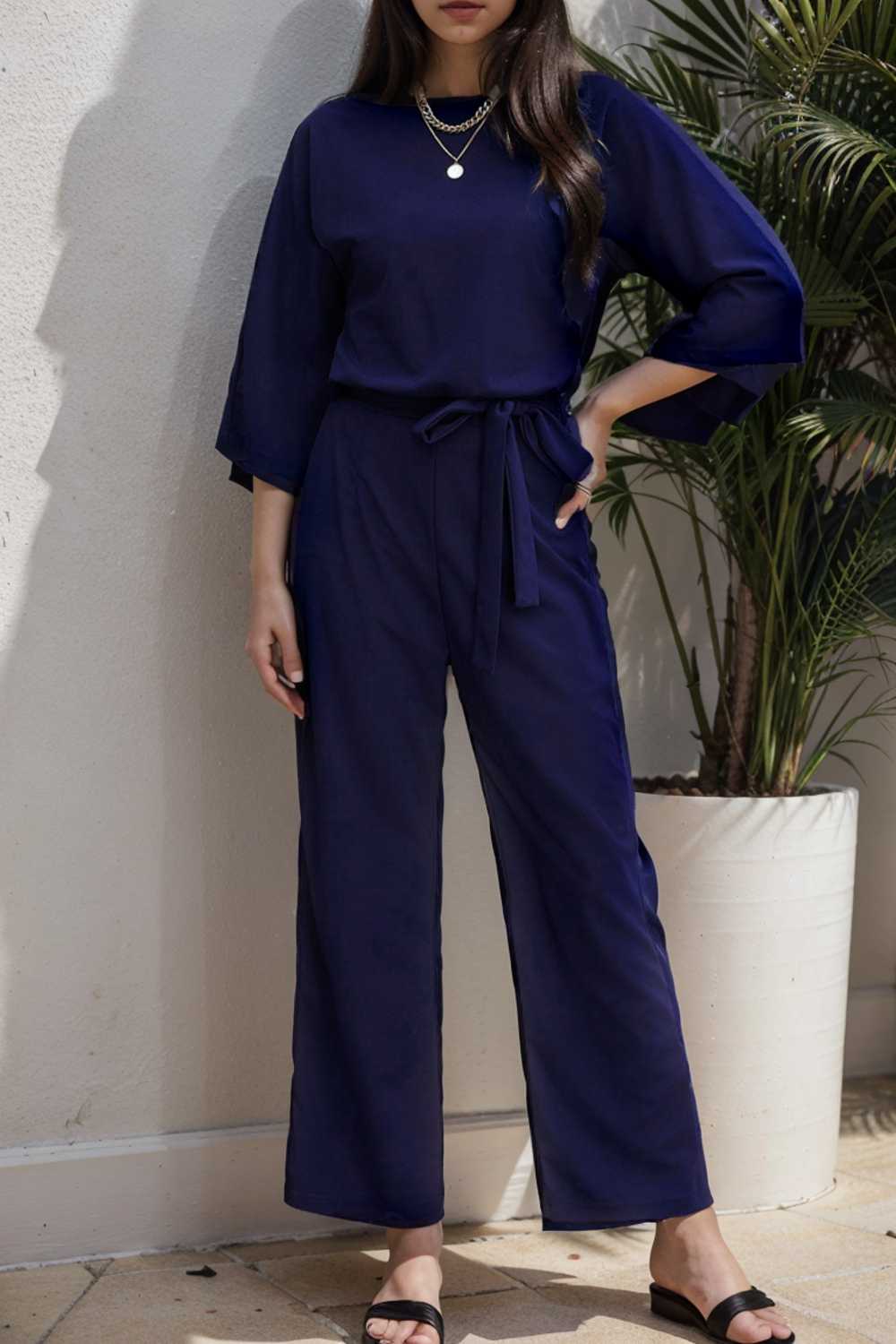 solid five point sleeve belted wide leg jumpsuit 107926