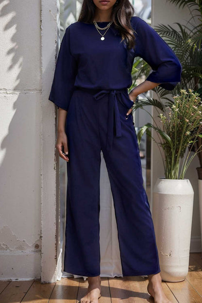solid five point sleeve belted wide leg jumpsuit 107925