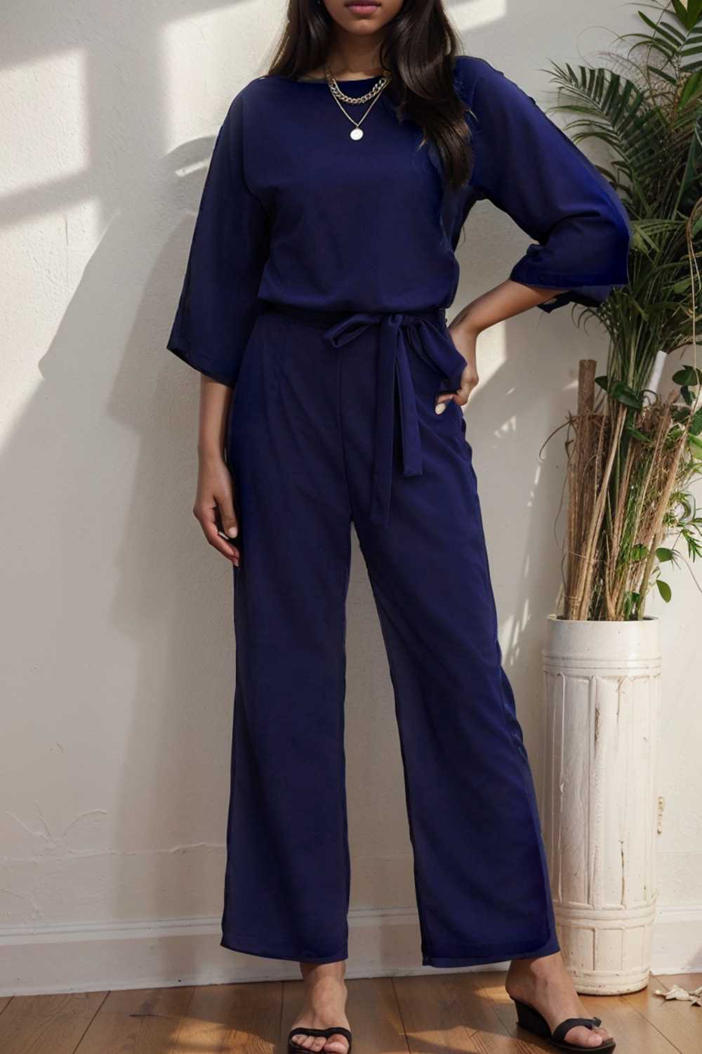 solid five point sleeve belted wide leg jumpsuit 107924