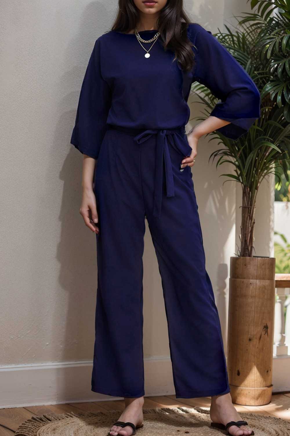 solid five point sleeve belted wide leg jumpsuit 107923