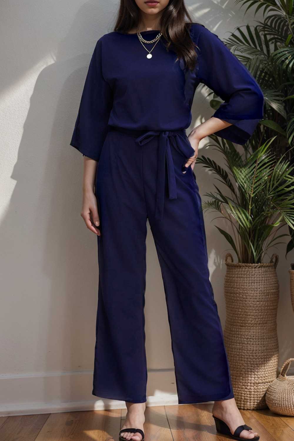 solid five point sleeve belted wide leg jumpsuit 107922