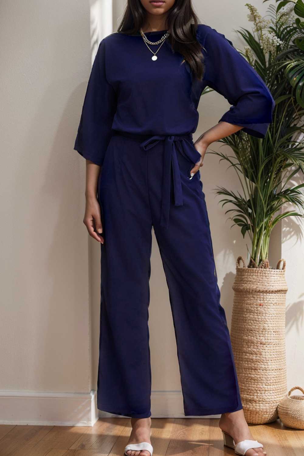solid five point sleeve belted wide leg jumpsuit 107921
