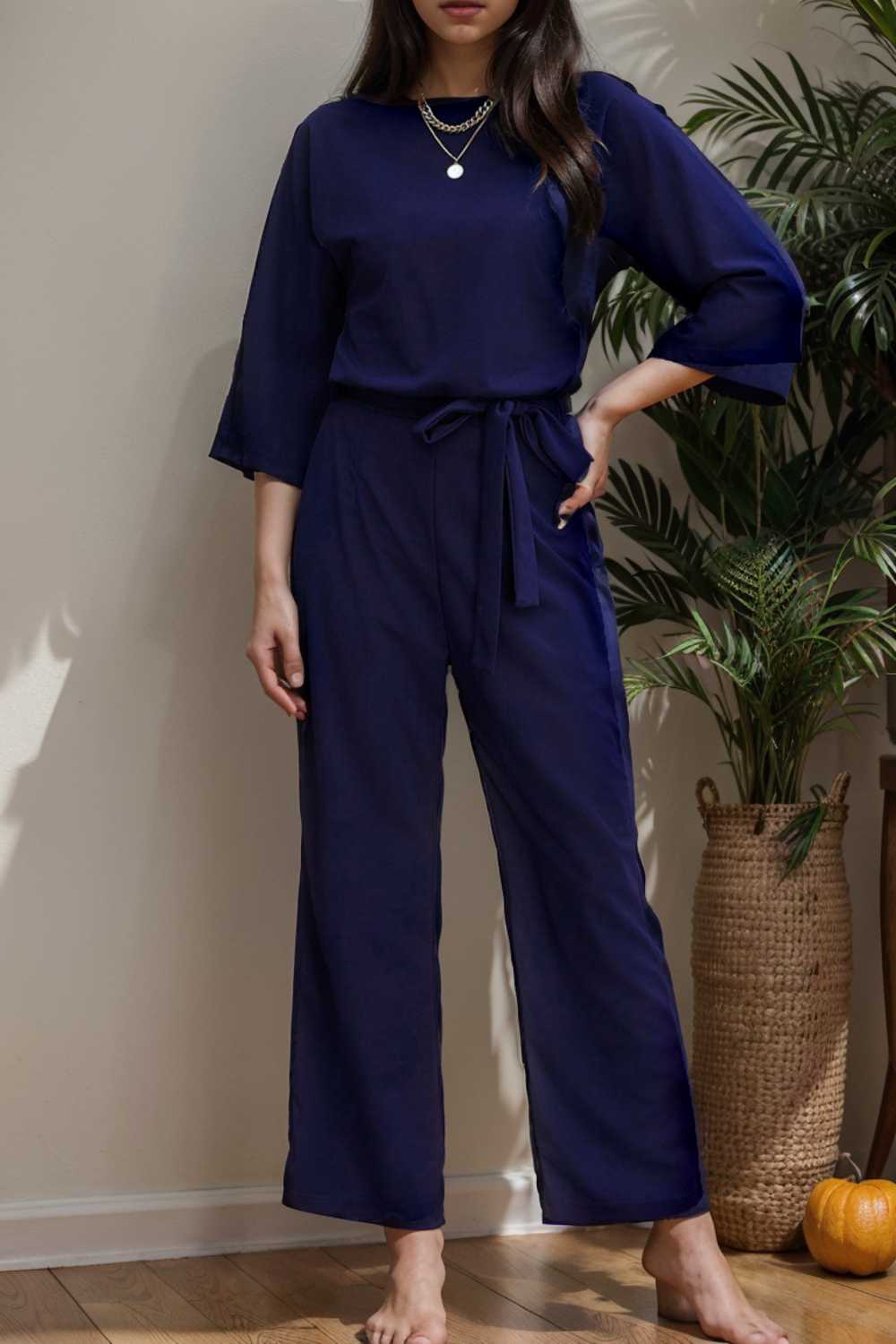 solid five point sleeve belted wide leg jumpsuit 107920
