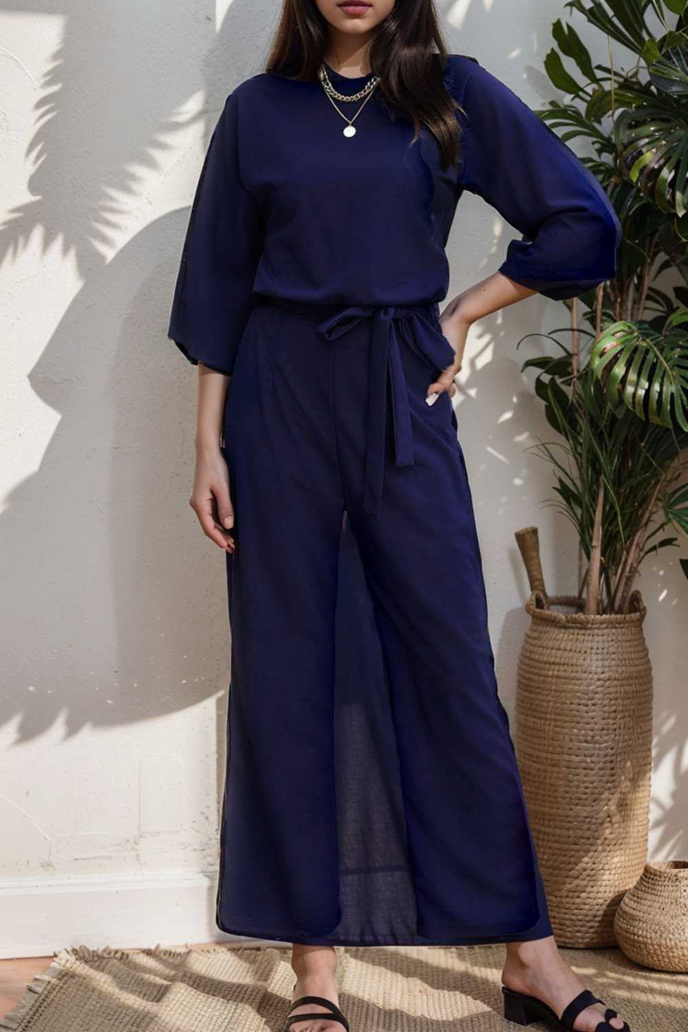 solid five point sleeve belted wide leg jumpsuit 107919