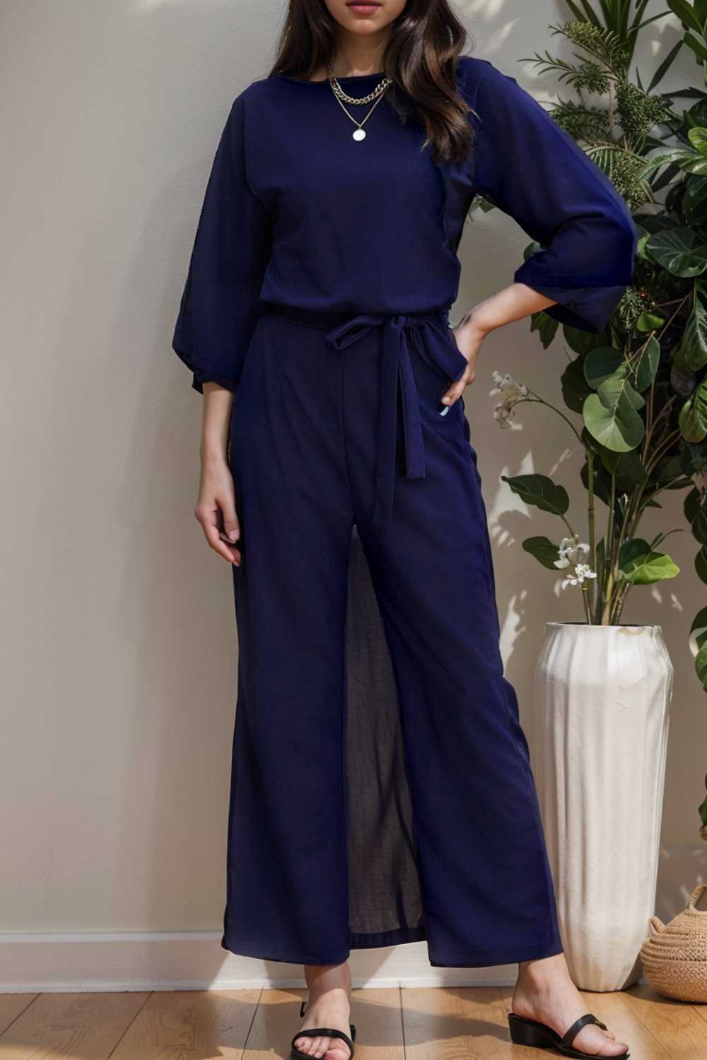 solid five point sleeve belted wide leg jumpsuit 107918