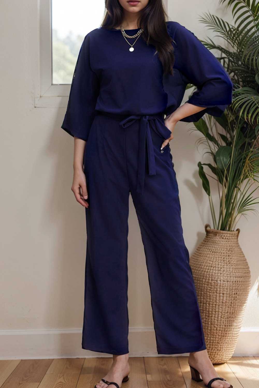 solid five point sleeve belted wide leg jumpsuit 107917
