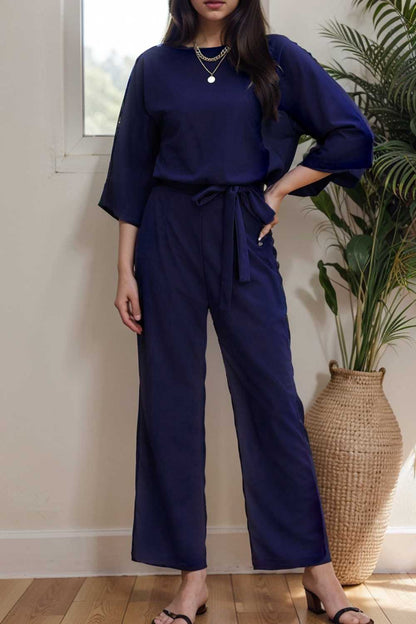 solid five point sleeve belted wide leg jumpsuit 107917