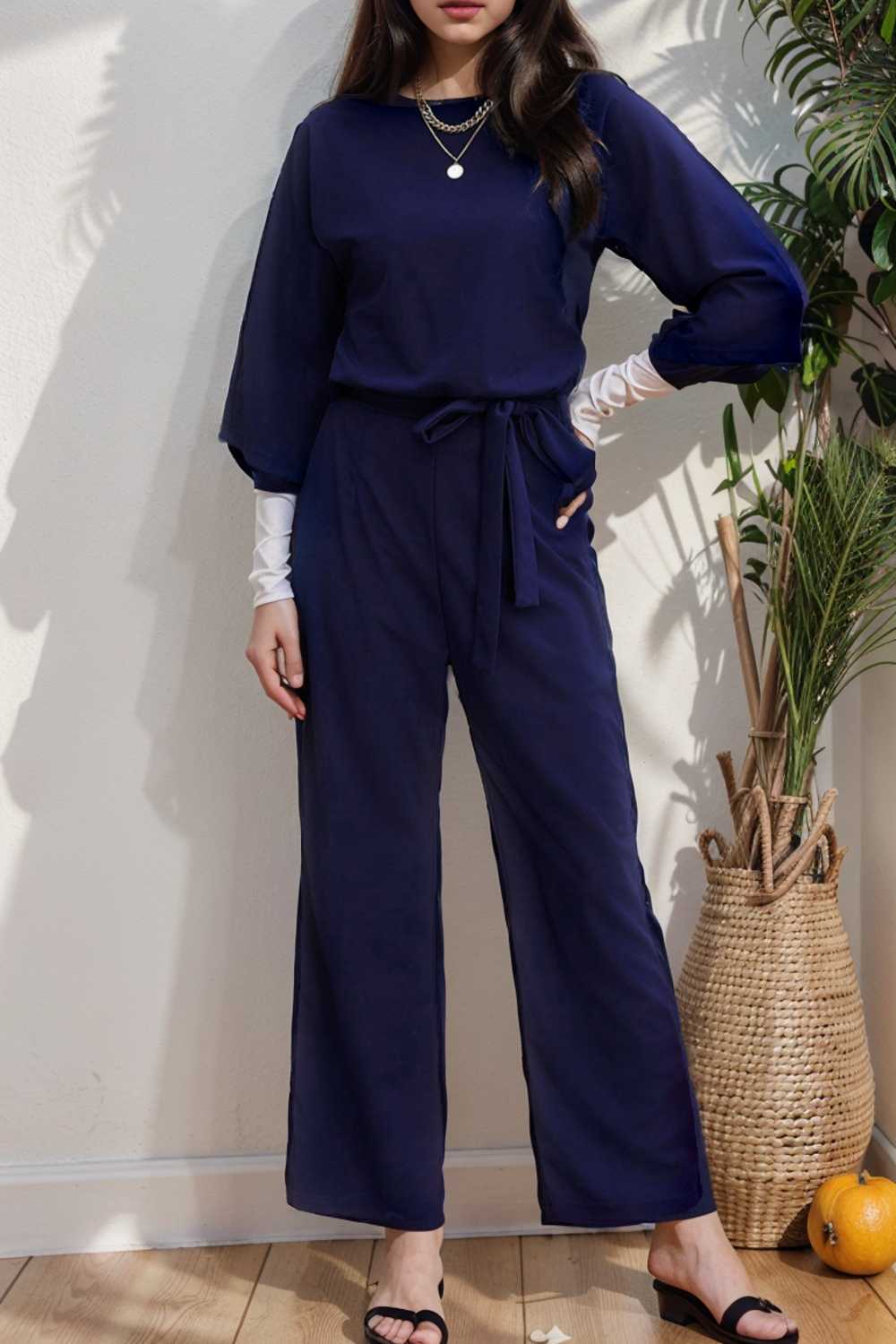 solid five point sleeve belted wide leg jumpsuit 107916