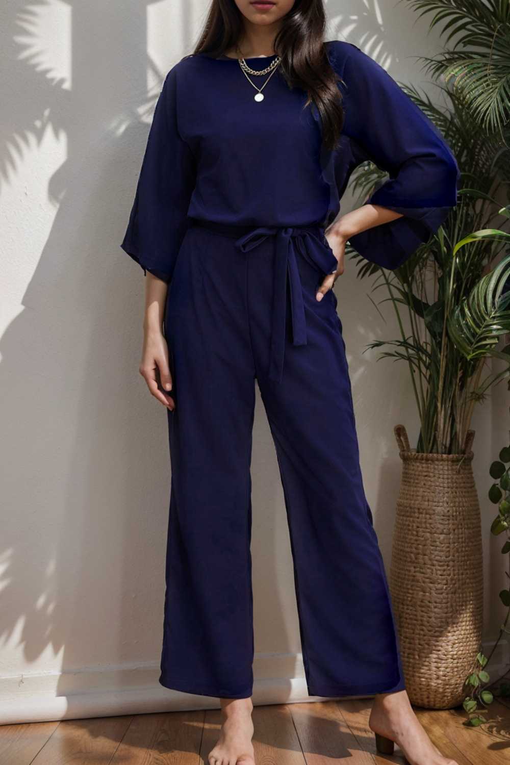 solid five point sleeve belted wide leg jumpsuit 107915