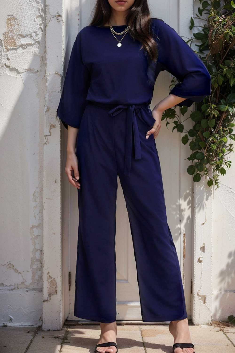solid five point sleeve belted wide leg jumpsuit 107914