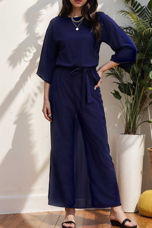 solid five point sleeve belted wide leg jumpsuit 107913