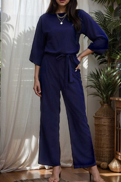 solid five point sleeve belted wide leg jumpsuit 111600