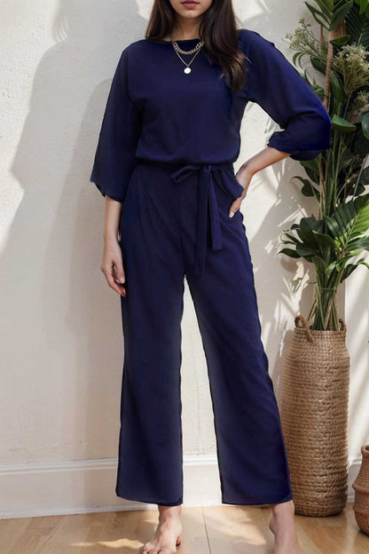 solid five point sleeve belted wide leg jumpsuit 111556