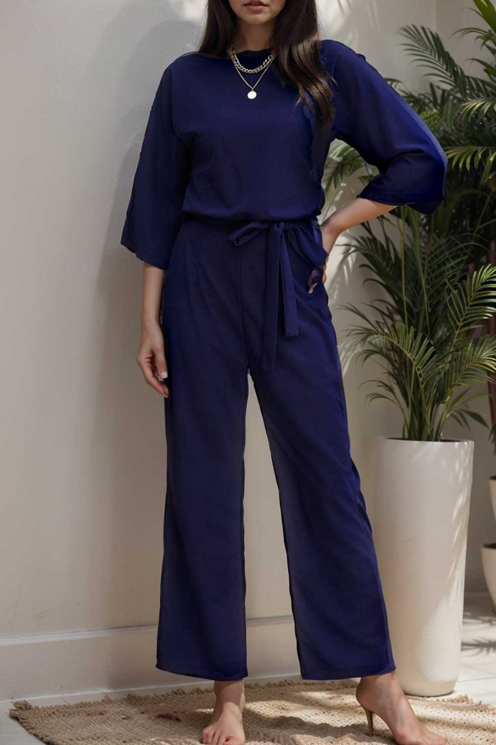 solid five point sleeve belted wide leg jumpsuit 106414