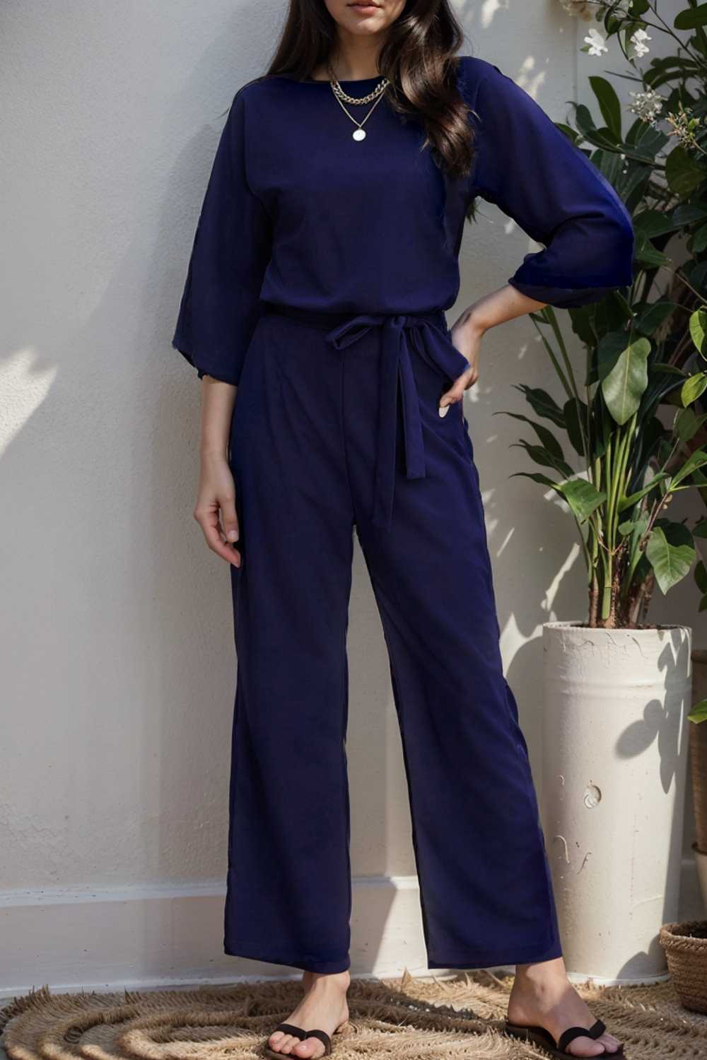 solid five point sleeve belted wide leg jumpsuit 106413