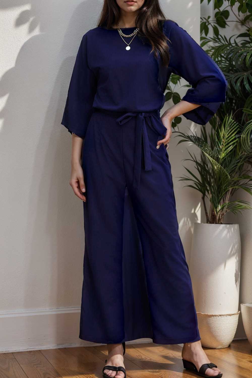 solid five point sleeve belted wide leg jumpsuit 106412