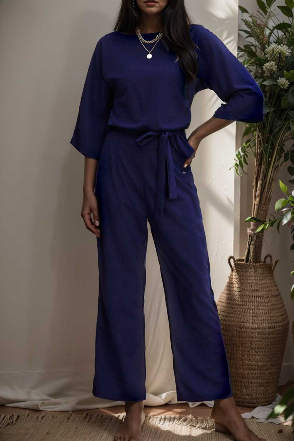 solid five point sleeve belted wide leg jumpsuit 106411