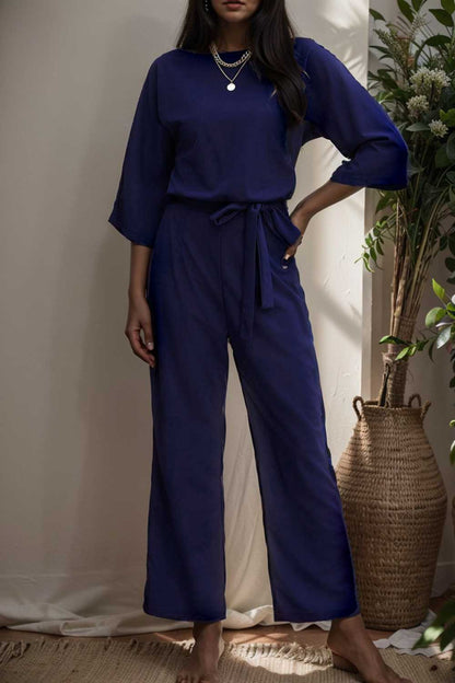 solid five point sleeve belted wide leg jumpsuit 106411