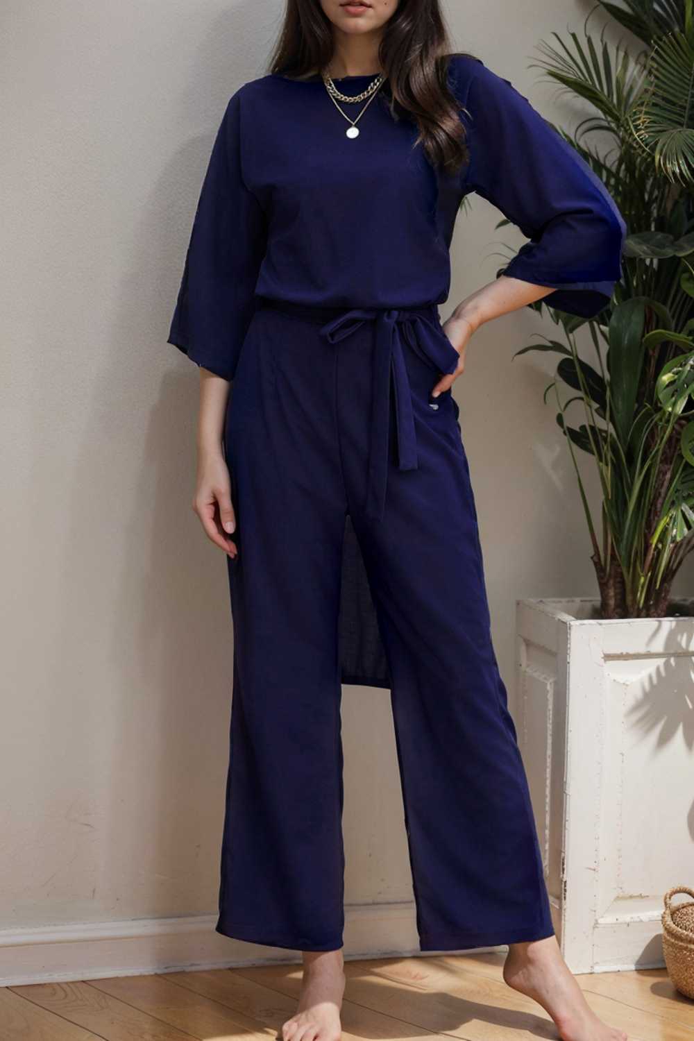 solid five point sleeve belted wide leg jumpsuit 106410