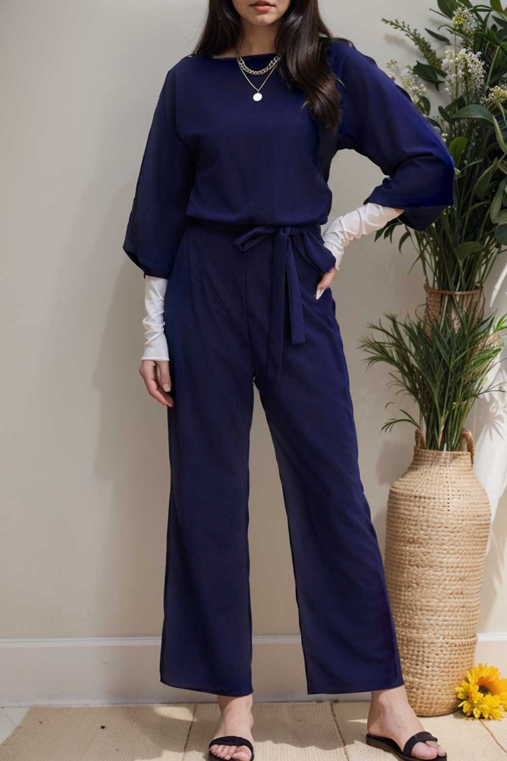solid five point sleeve belted wide leg jumpsuit 106409