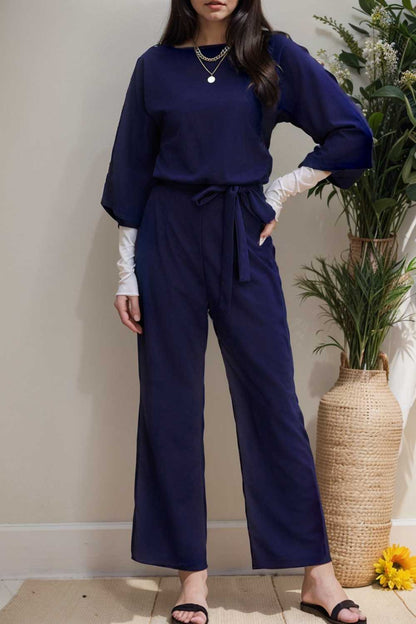 solid five point sleeve belted wide leg jumpsuit 106409