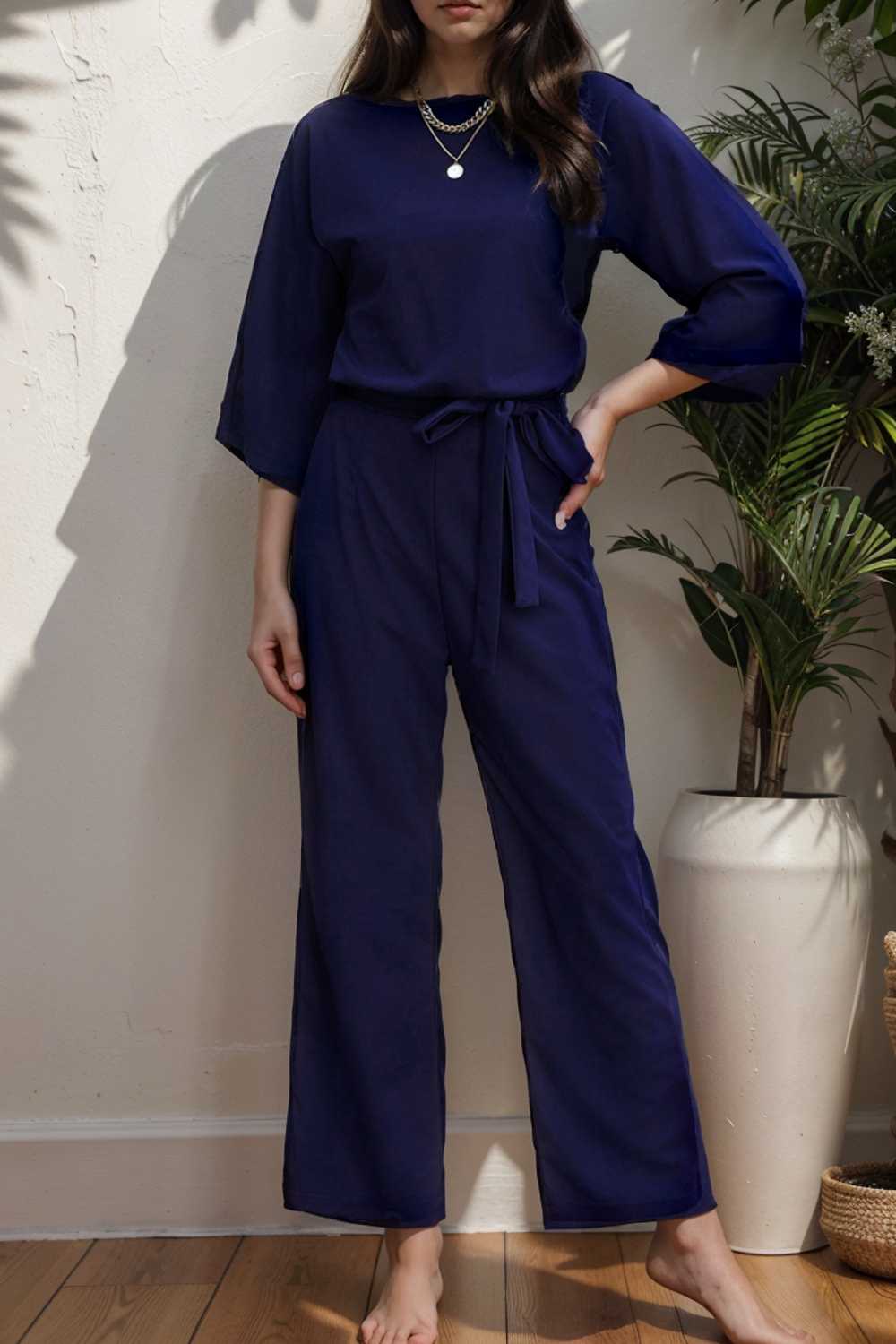 solid five point sleeve belted wide leg jumpsuit 106408