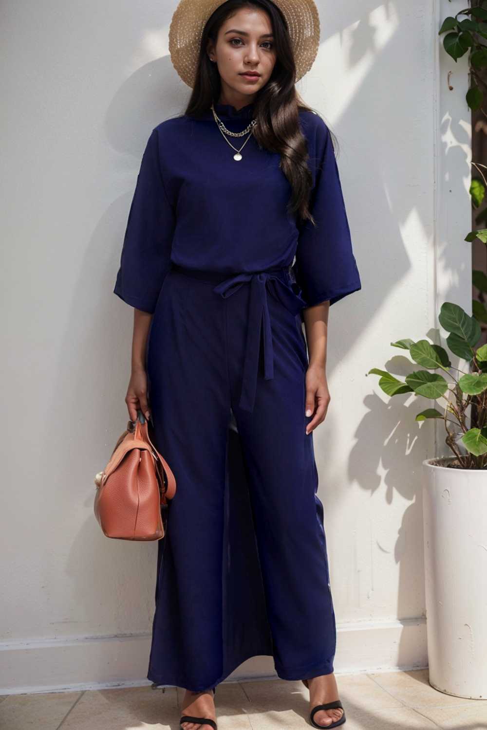 solid five point sleeve belted wide leg jumpsuit 106406