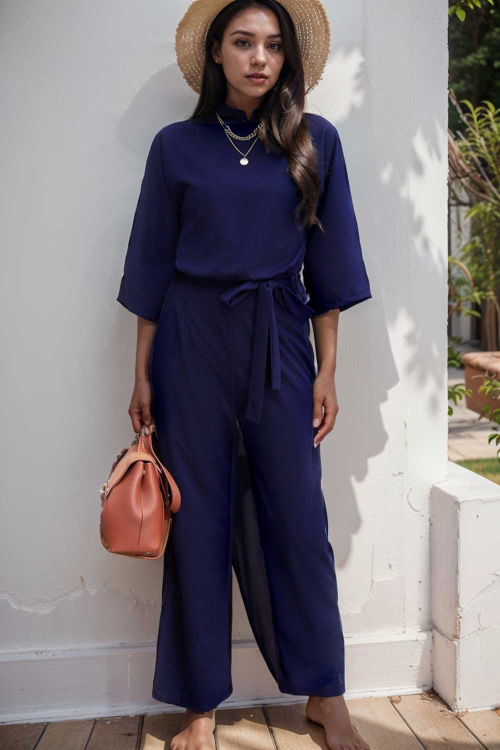 solid five point sleeve belted wide leg jumpsuit 106405