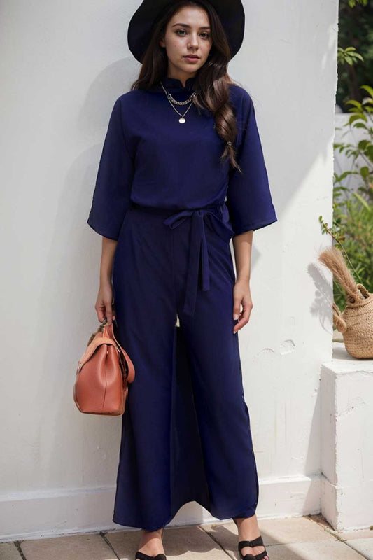 solid five point sleeve belted wide leg jumpsuit 106404
