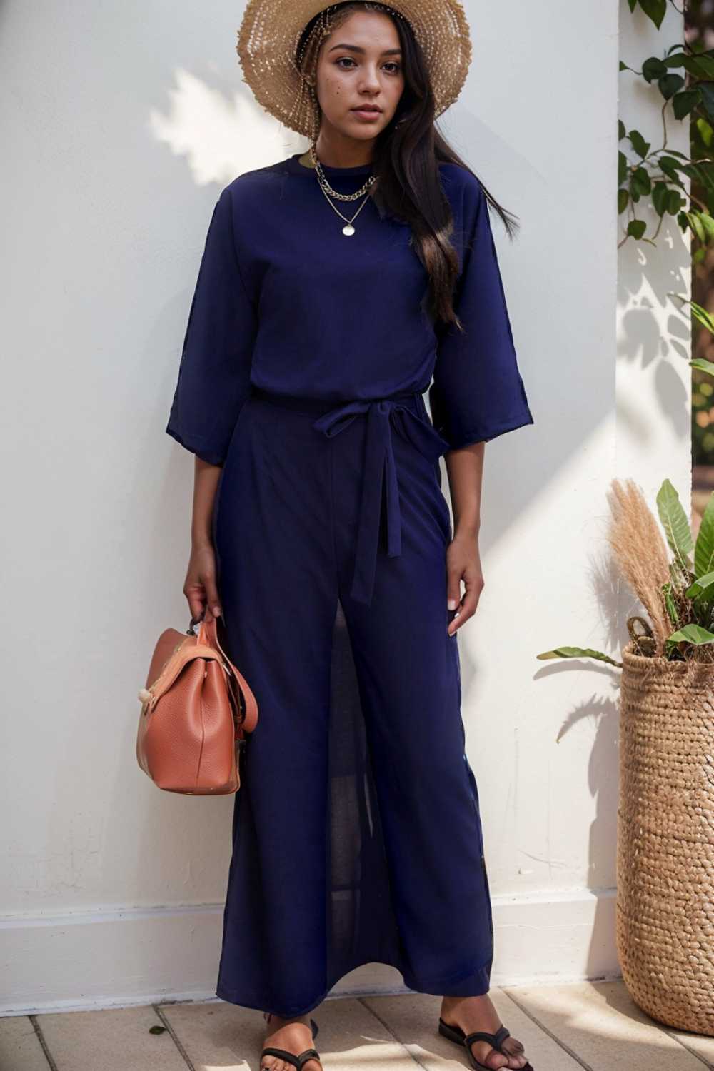 solid five point sleeve belted wide leg jumpsuit 106403