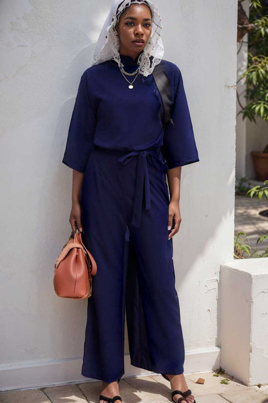 solid five point sleeve belted wide leg jumpsuit 111577