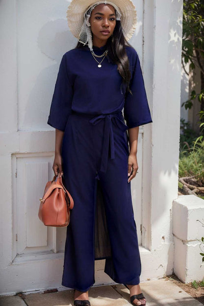 solid five point sleeve belted wide leg jumpsuit 111555
