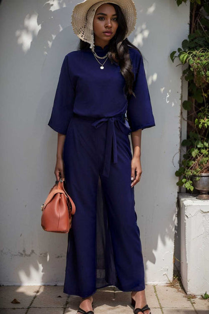 solid five point sleeve belted wide leg jumpsuit 111553