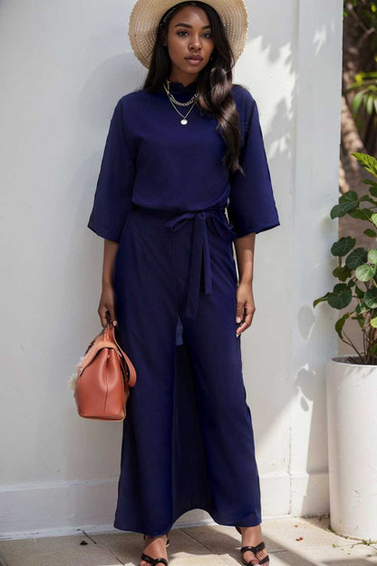 solid five point sleeve belted wide leg jumpsuit 111551