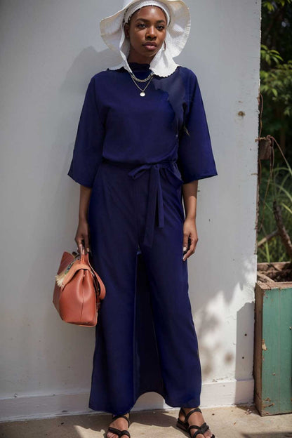 solid five point sleeve belted wide leg jumpsuit 111550