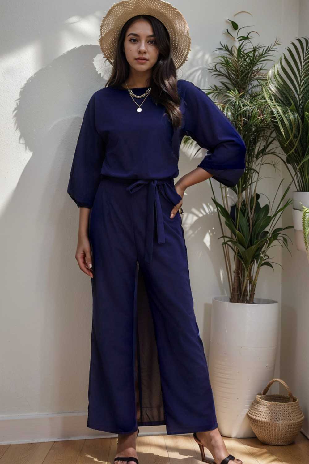 solid five point sleeve belted wide leg jumpsuit 106400