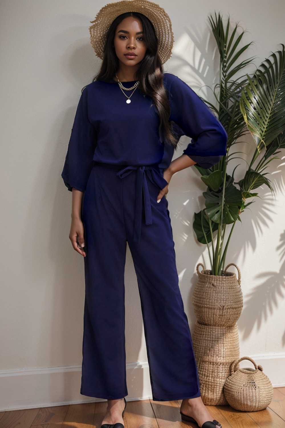 solid five point sleeve belted wide leg jumpsuit 111548