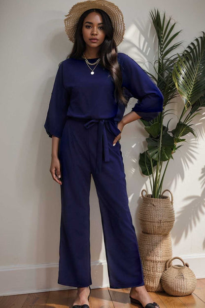 solid five point sleeve belted wide leg jumpsuit 111548