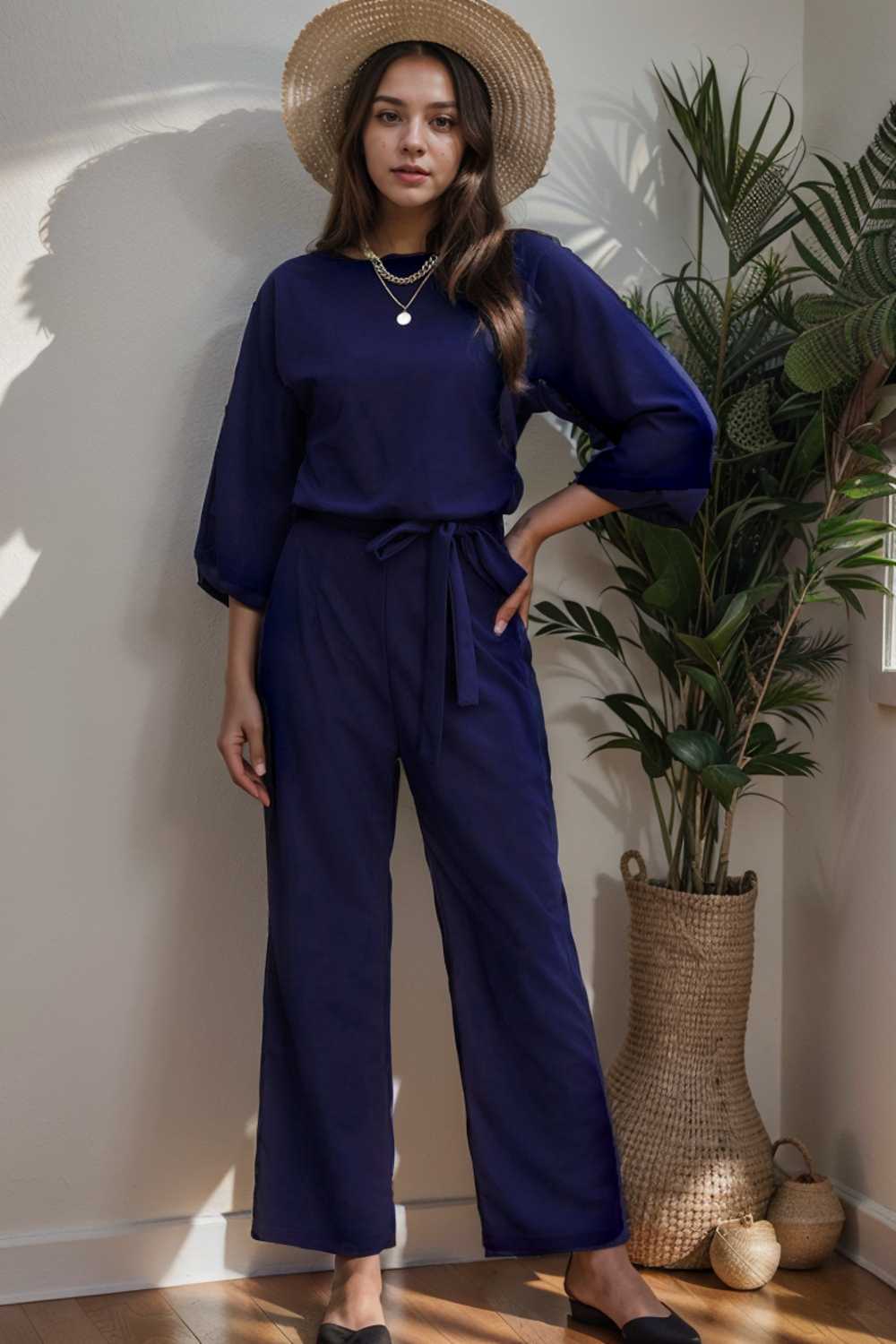 solid five point sleeve belted wide leg jumpsuit 106399