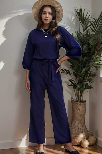 solid five point sleeve belted wide leg jumpsuit 106399