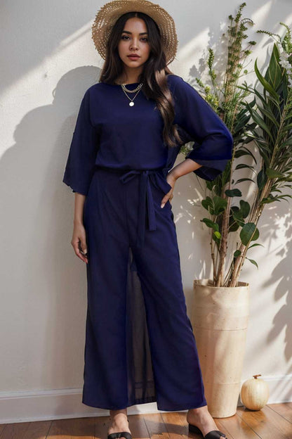 solid five point sleeve belted wide leg jumpsuit 111547
