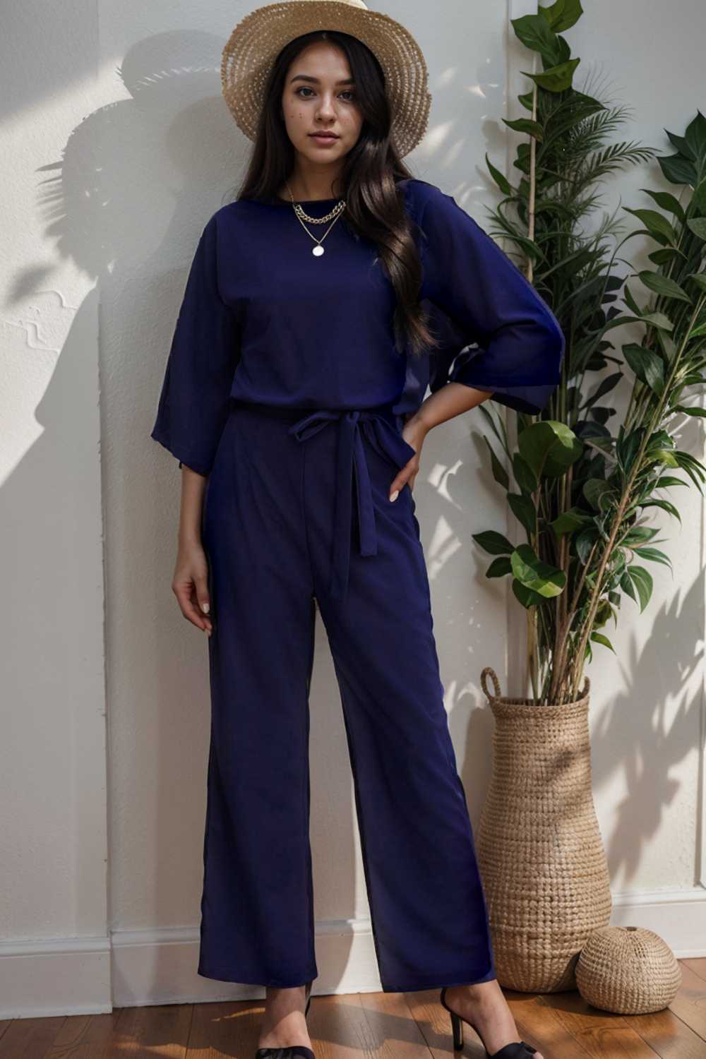 solid five point sleeve belted wide leg jumpsuit 106398
