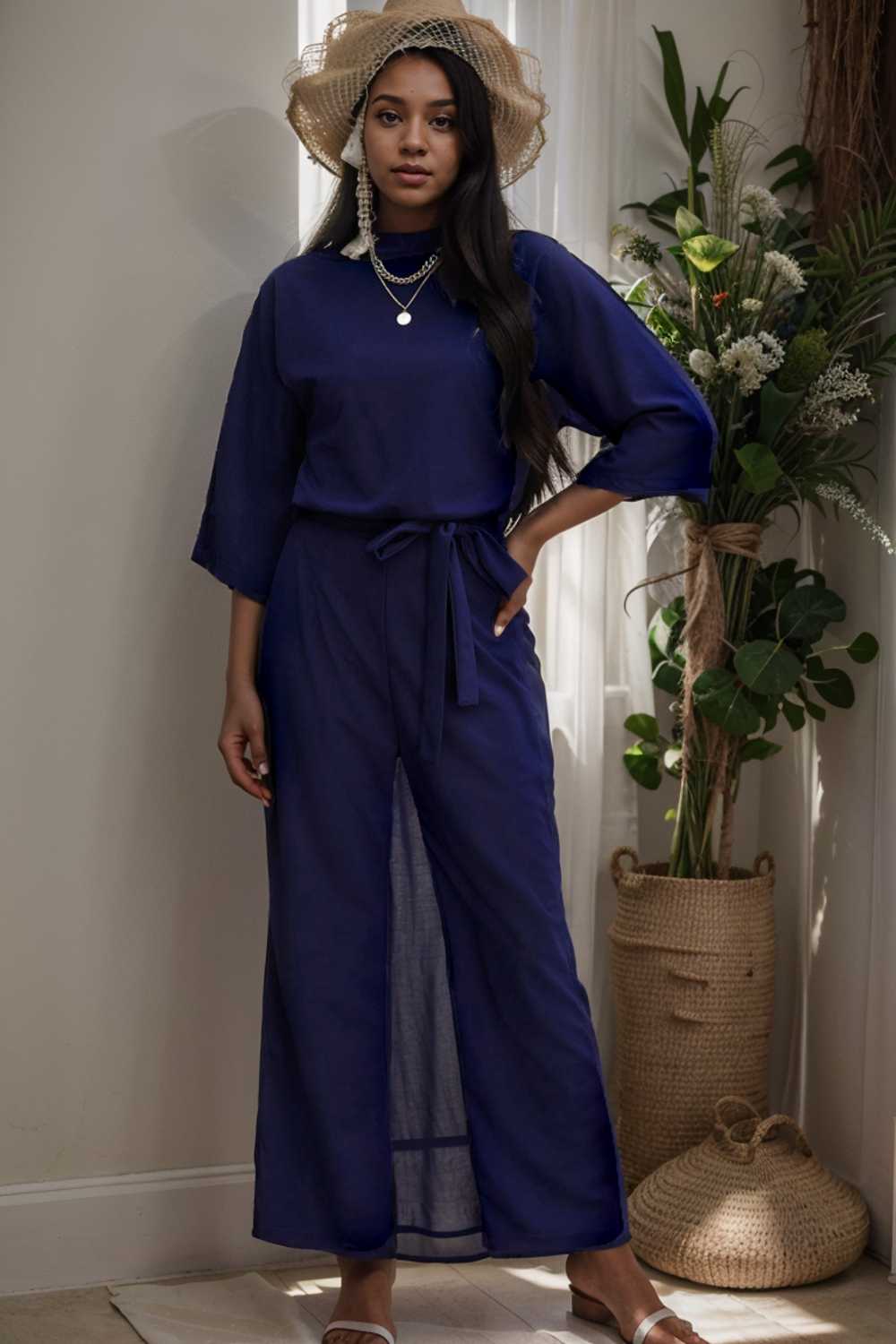 solid five point sleeve belted wide leg jumpsuit 106397
