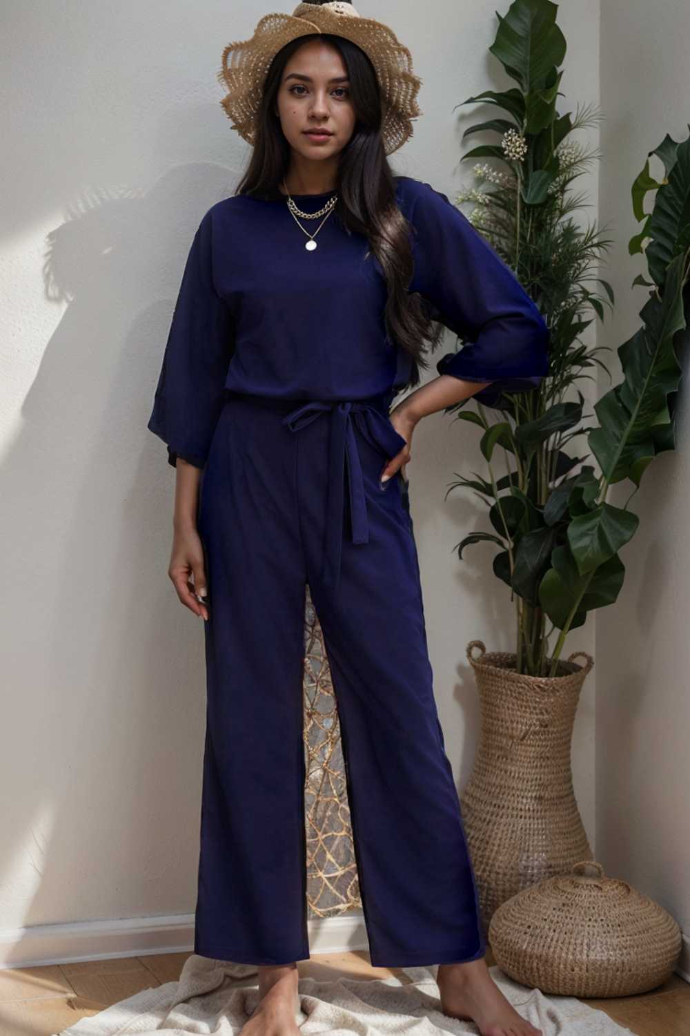 solid five point sleeve belted wide leg jumpsuit 106396