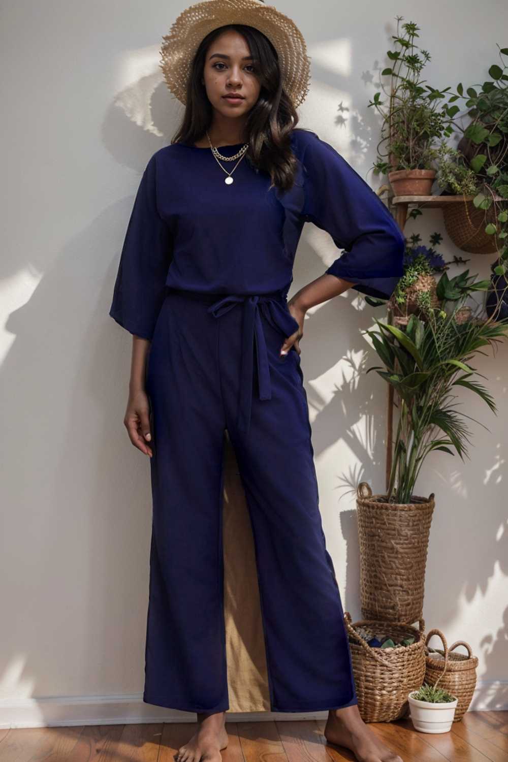 solid five point sleeve belted wide leg jumpsuit 106395